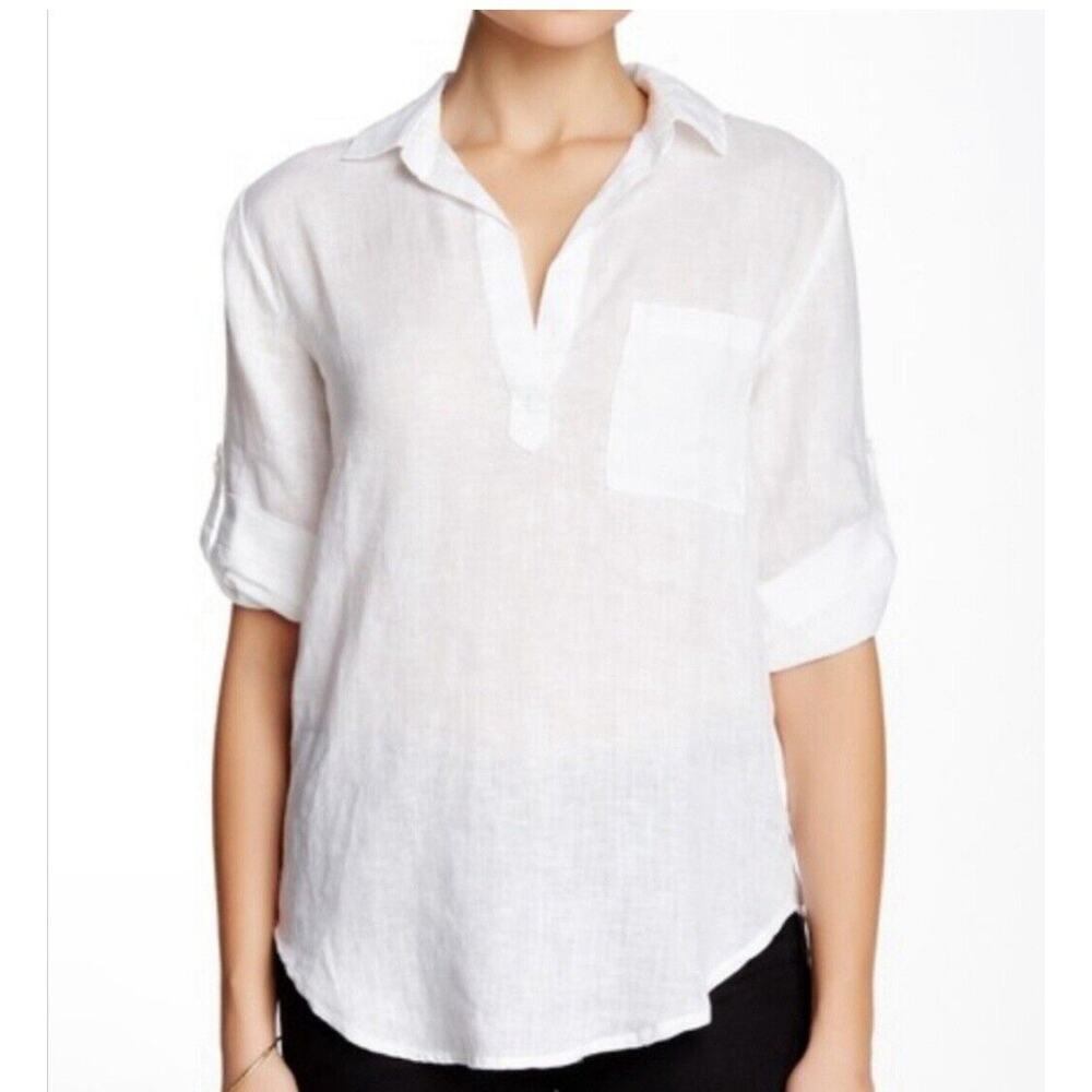 Side Stitch Los Angeles White linen popover blouse pocket Roll Tab Sleeves Sz M